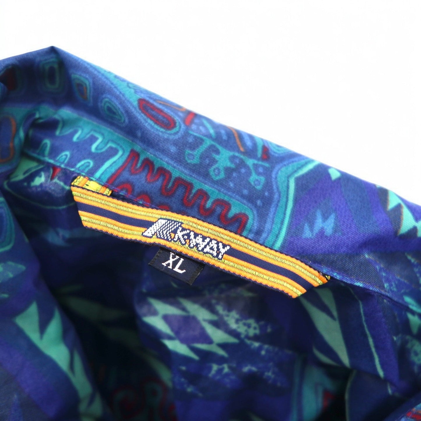K-WAY 90年代 フード収納式 パッカブル ナイロンジャケット パーカー XL ブルー 総柄 ネイティブ柄 インディアン