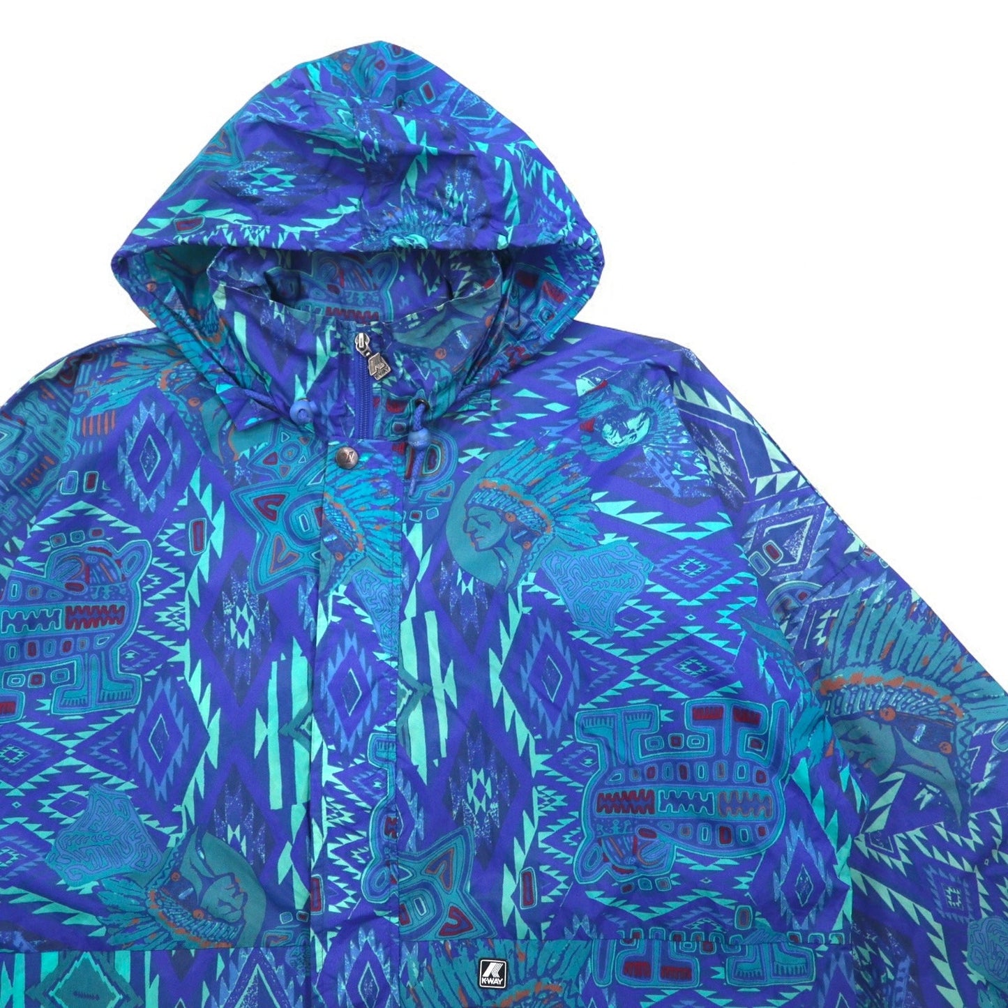 K-WAY 90年代 フード収納式 パッカブル ナイロンジャケット パーカー XL ブルー 総柄 ネイティブ柄 インディアン