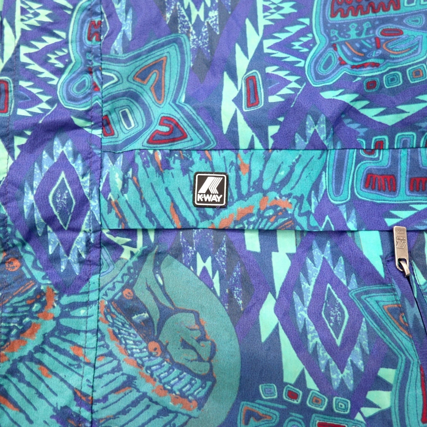 K-WAY 90年代 フード収納式 パッカブル ナイロンジャケット パーカー XL ブルー 総柄 ネイティブ柄 インディアン