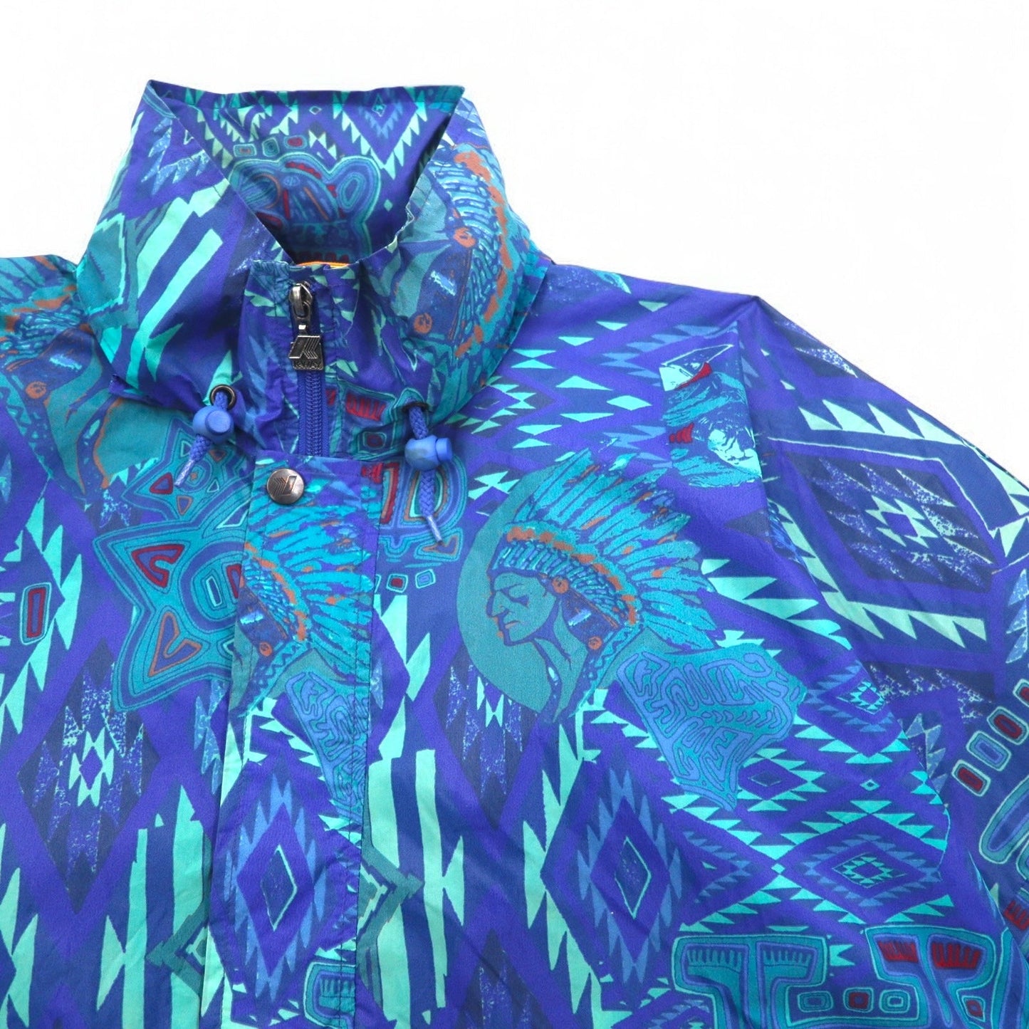 K-WAY 90年代 フード収納式 パッカブル ナイロンジャケット パーカー XL ブルー 総柄 ネイティブ柄 インディアン