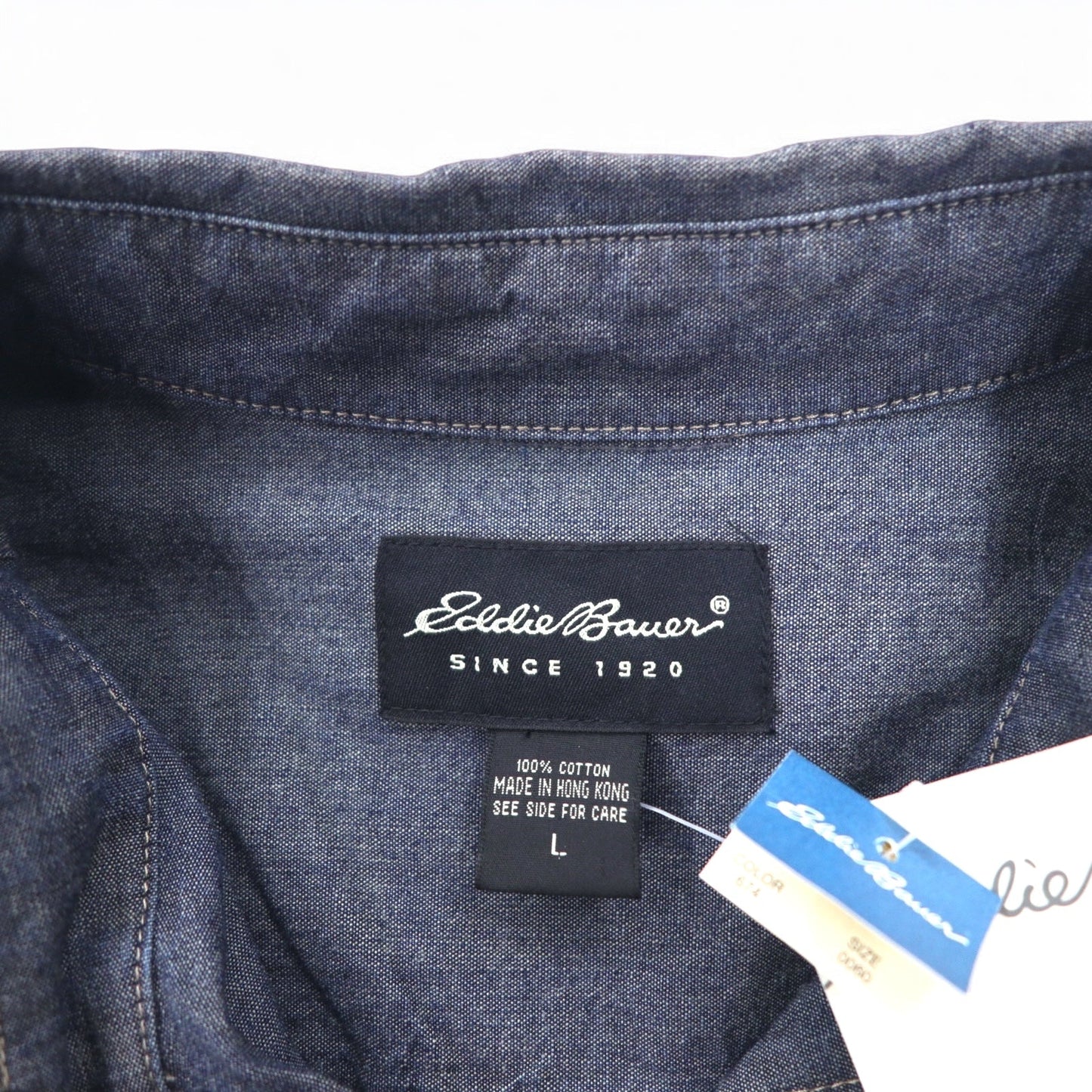 Eddie Bauer シャンブレー ボタンダウンシャツ L ブルー インディゴ コットン 未使用品