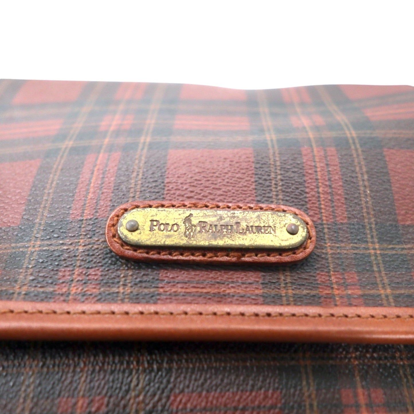 POLO RALPH LAUREN タータンチェック メッセンジャーバッグ ショルダーバッグ レッド ブラウン PVC レザー