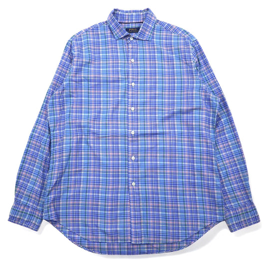 POLO RALPH LAUREN ワイドカラー ドレスシャツ L ブルー チェック コットン
