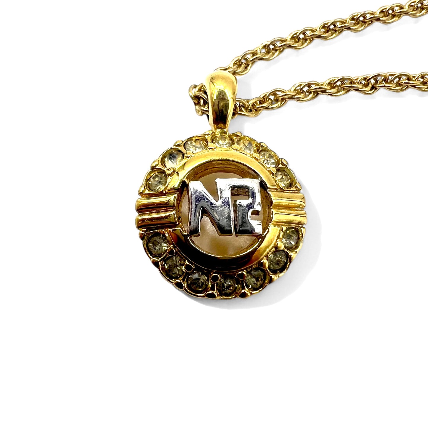 NINA RICCI ラインストーン スパイラルチェーン ネックレス ゴールド ラウンド ロゴモチーフ ヴィンテージ