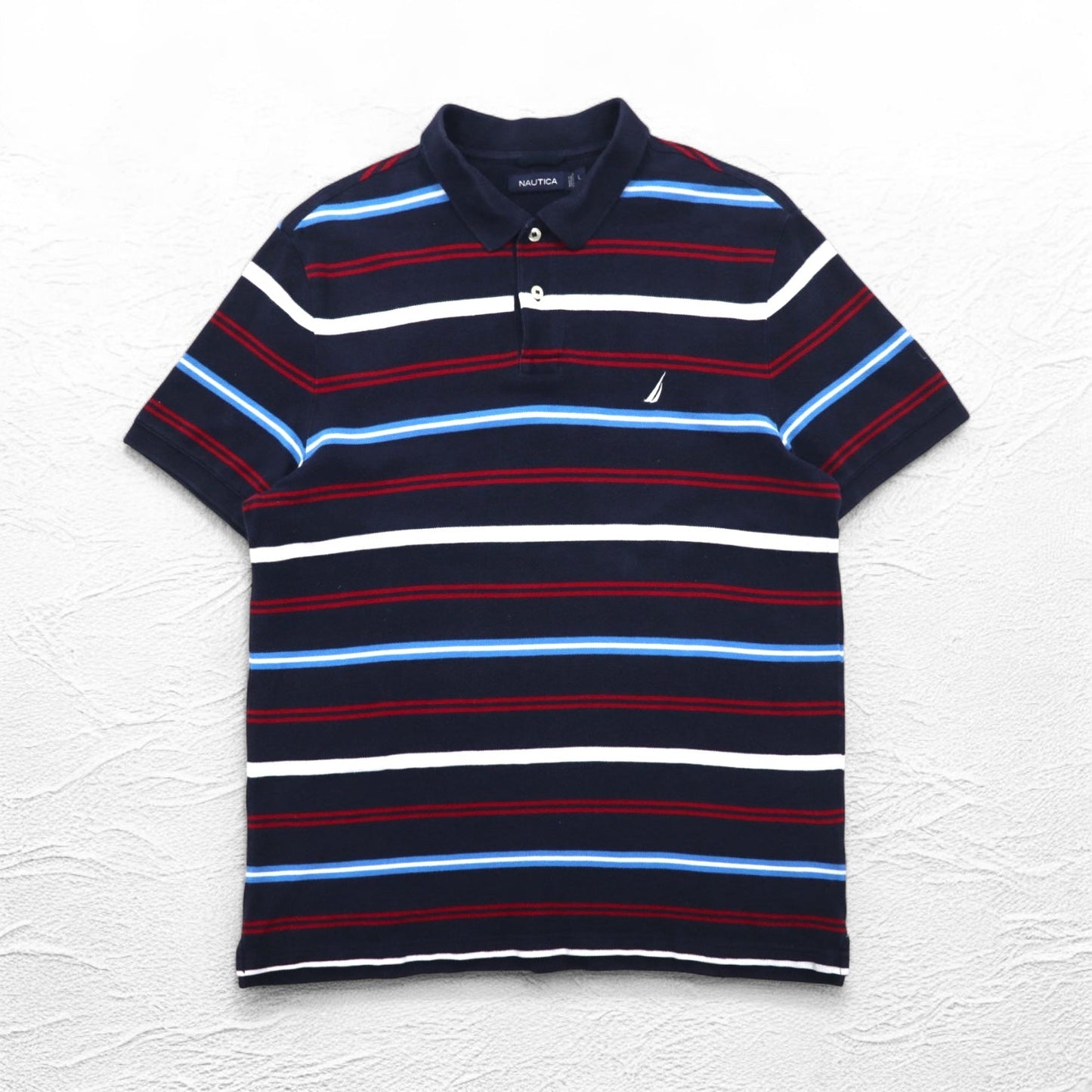 NAUTICA ボーダー ポロシャツ L ネイビー コットン 鹿の子 ワンポイントロゴ刺繍