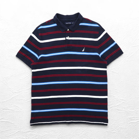 NAUTICA ボーダー ポロシャツ L ネイビー コットン 鹿の子 ワンポイントロゴ刺繍