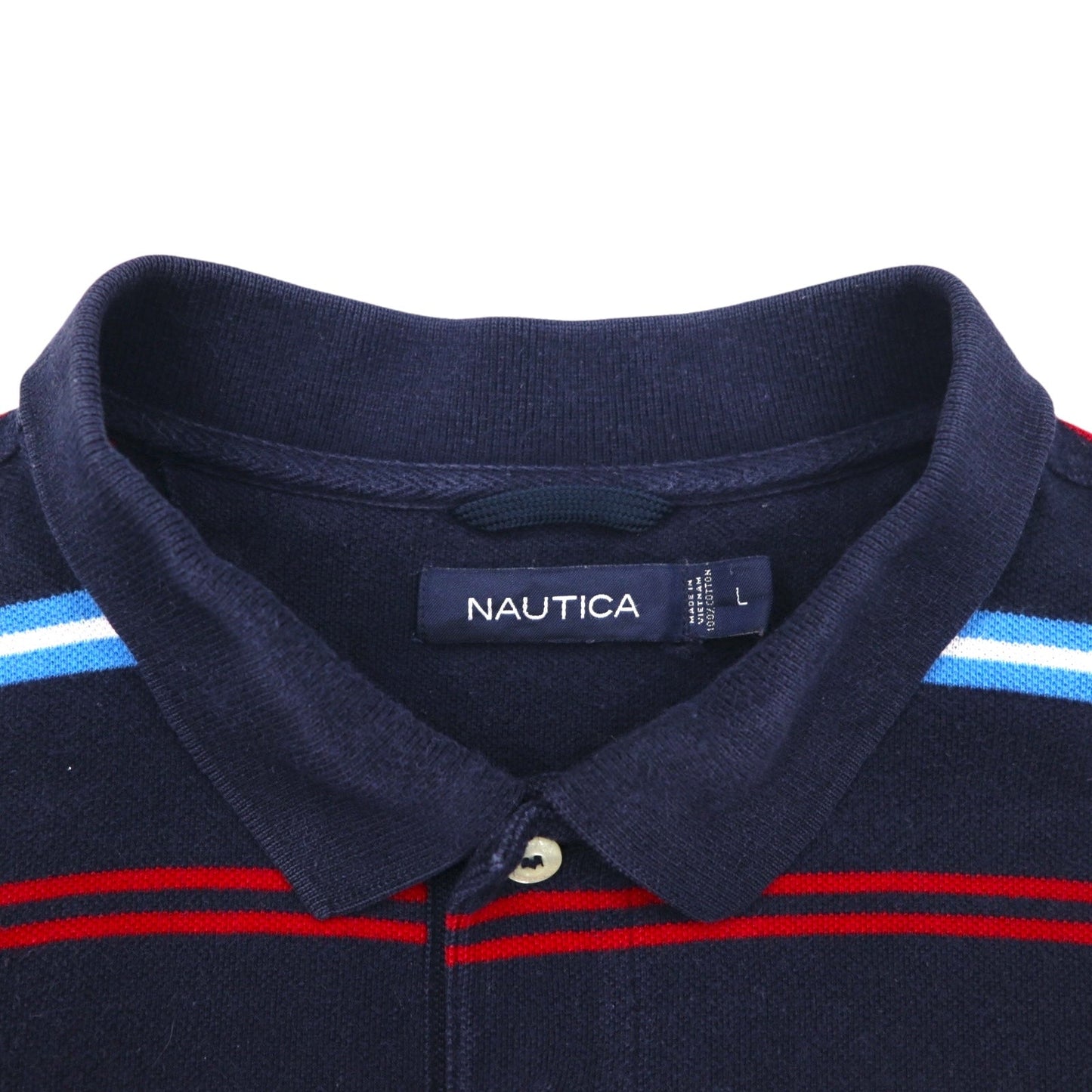 NAUTICA ボーダー ポロシャツ L ネイビー コットン 鹿の子 ワンポイントロゴ刺繍