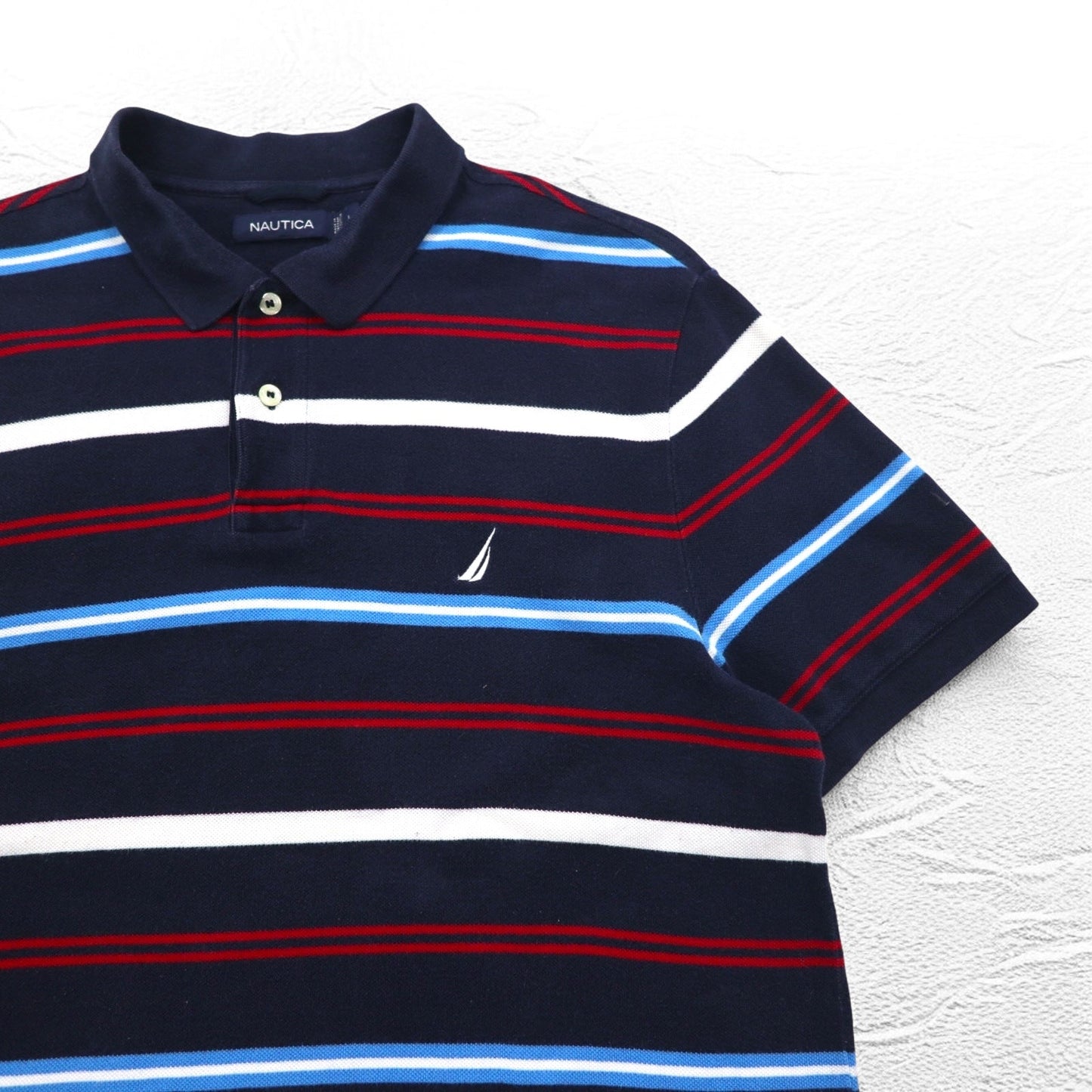 NAUTICA ボーダー ポロシャツ L ネイビー コットン 鹿の子 ワンポイントロゴ刺繍