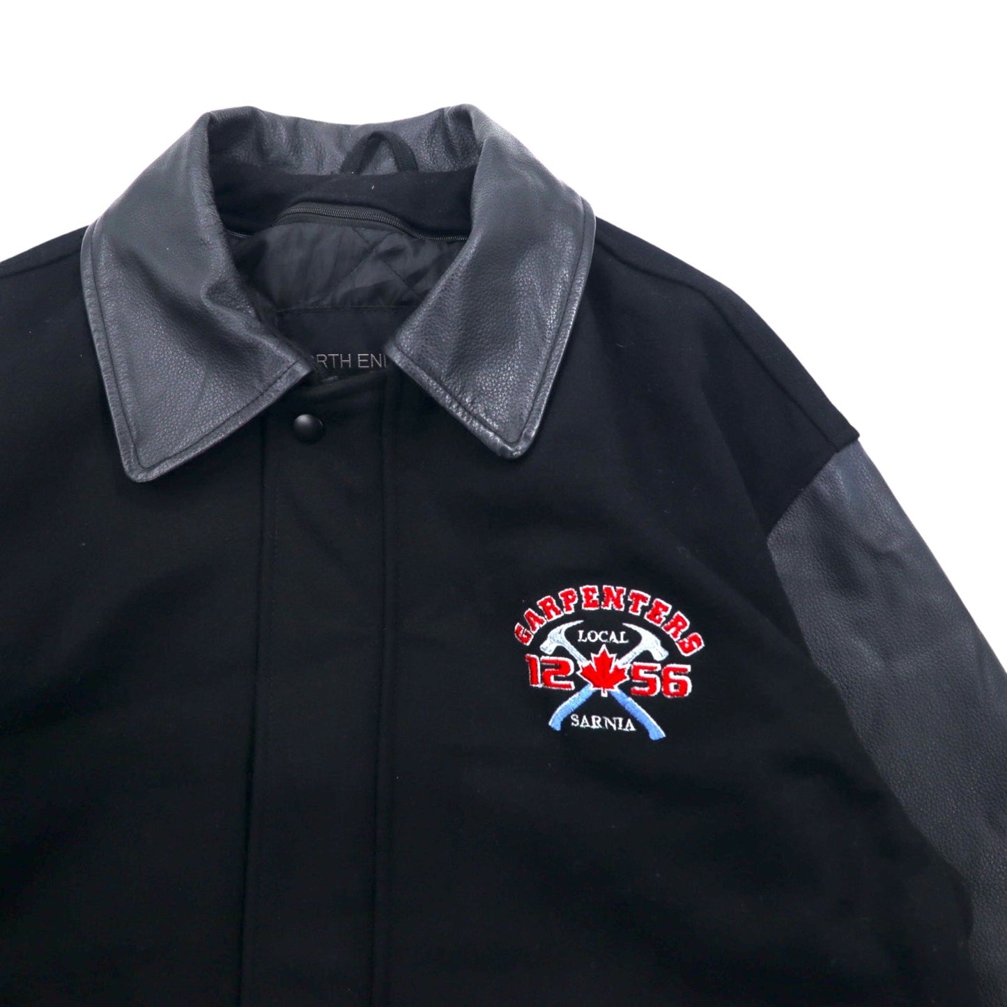 NORTH END レザー切り替え スタジャン M ブラック ウール キルティングライナー 刺繍