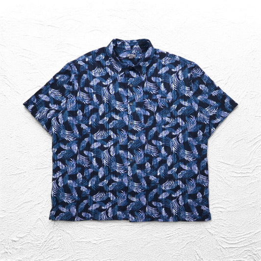 VAN HEUSEN 00年代 アロハシャツ 2XL ネイビー 総柄 ボタニカル リーフ 胸ポケット ビッグサイズ