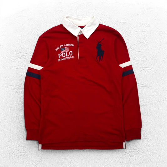 Polo by Ralph Lauren ビッグポニー刺繍 ラガーシャツ S レッド コットン 星条旗