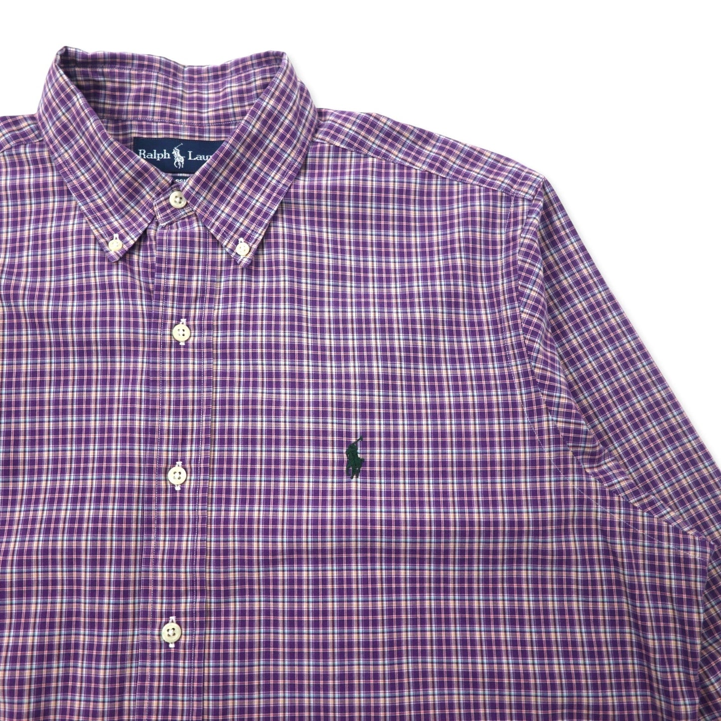 RALPH LAUREN ボタンダウンシャツ L パープル チェック コットン CUSTOM FIT スモールポニー刺繍