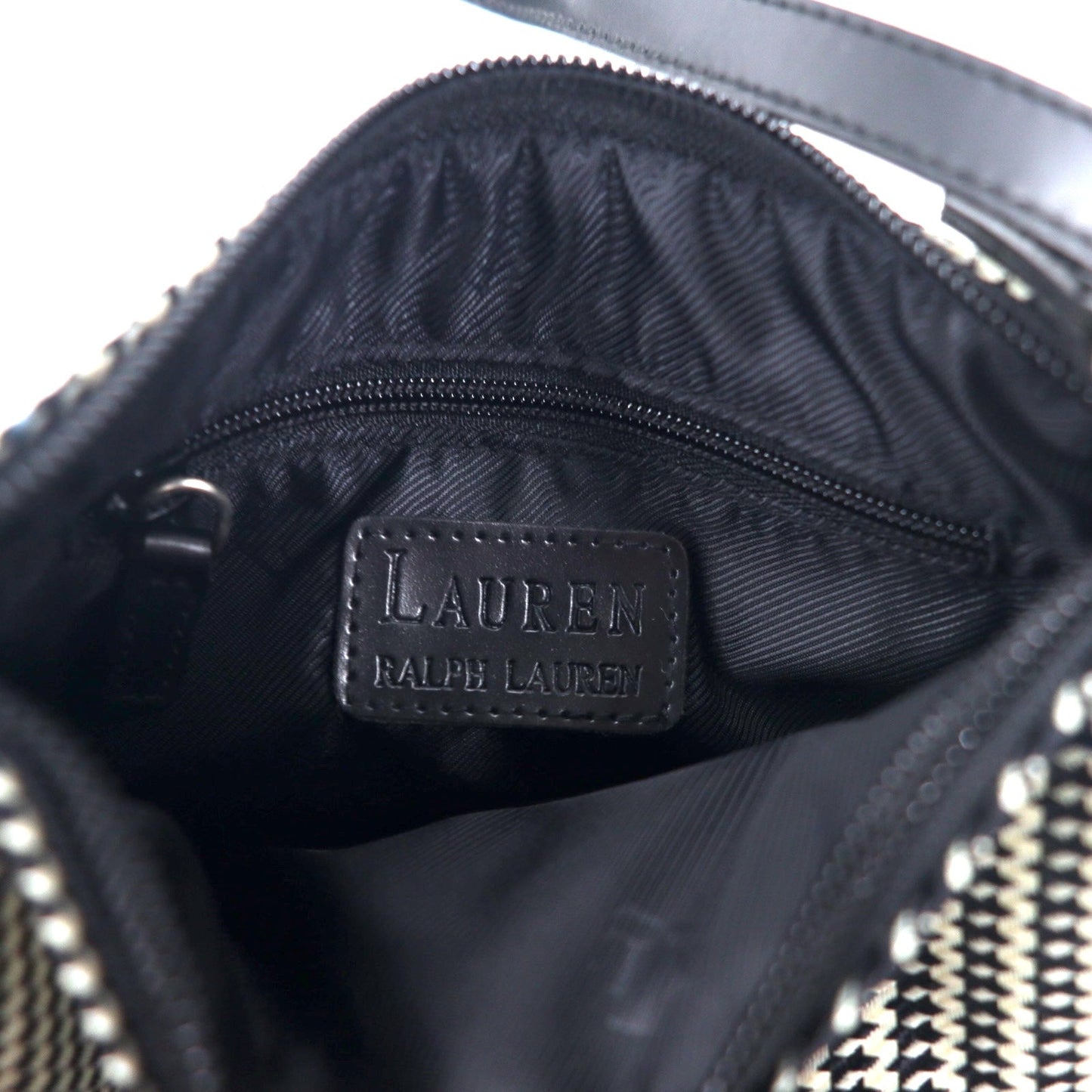 LAUREN RALPH LAUREN ガンクラブチェック ショルダーバッグ ポシェット ホワイト ナイロンキャンバス レザー ロゴプレート 未使用品