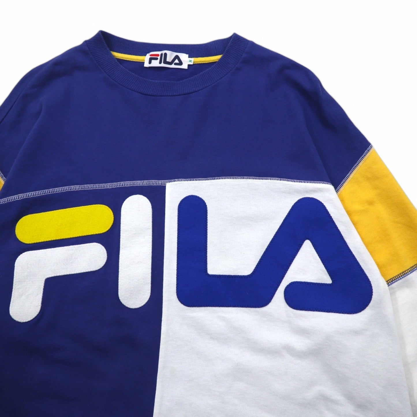 FILA 90年代 カラーブロック ロゴ スウェット M コットン ネイビー イエロー ホワイト