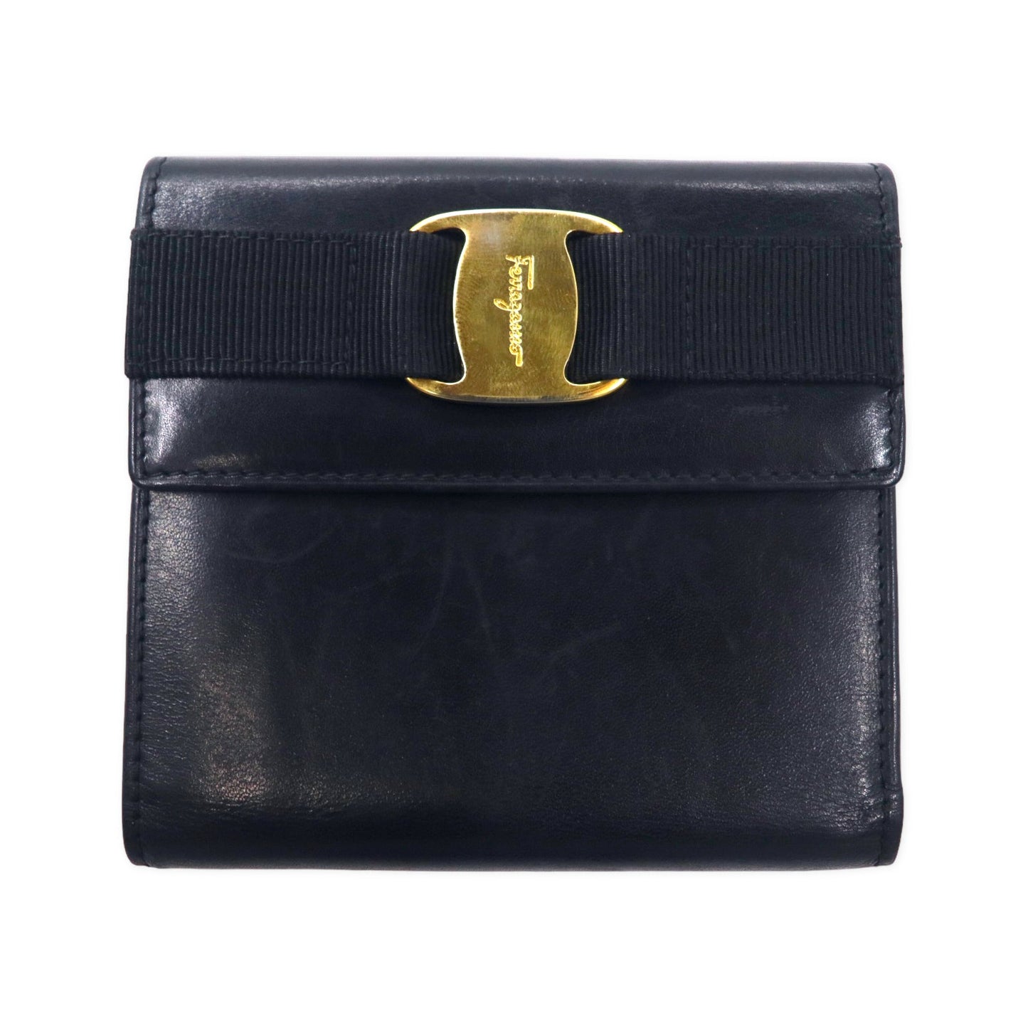 Salvatore Ferragamo ヴァラリボン がま口 2つ折り財布 レザー ブラック