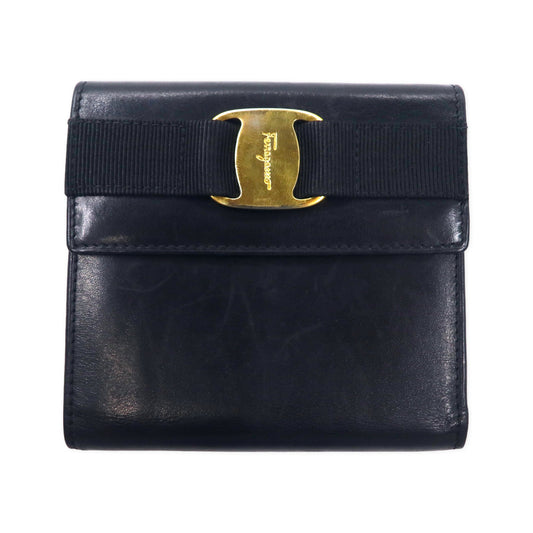 Salvatore Ferragamo ヴァラリボン がま口 2つ折り財布 レザー ブラック