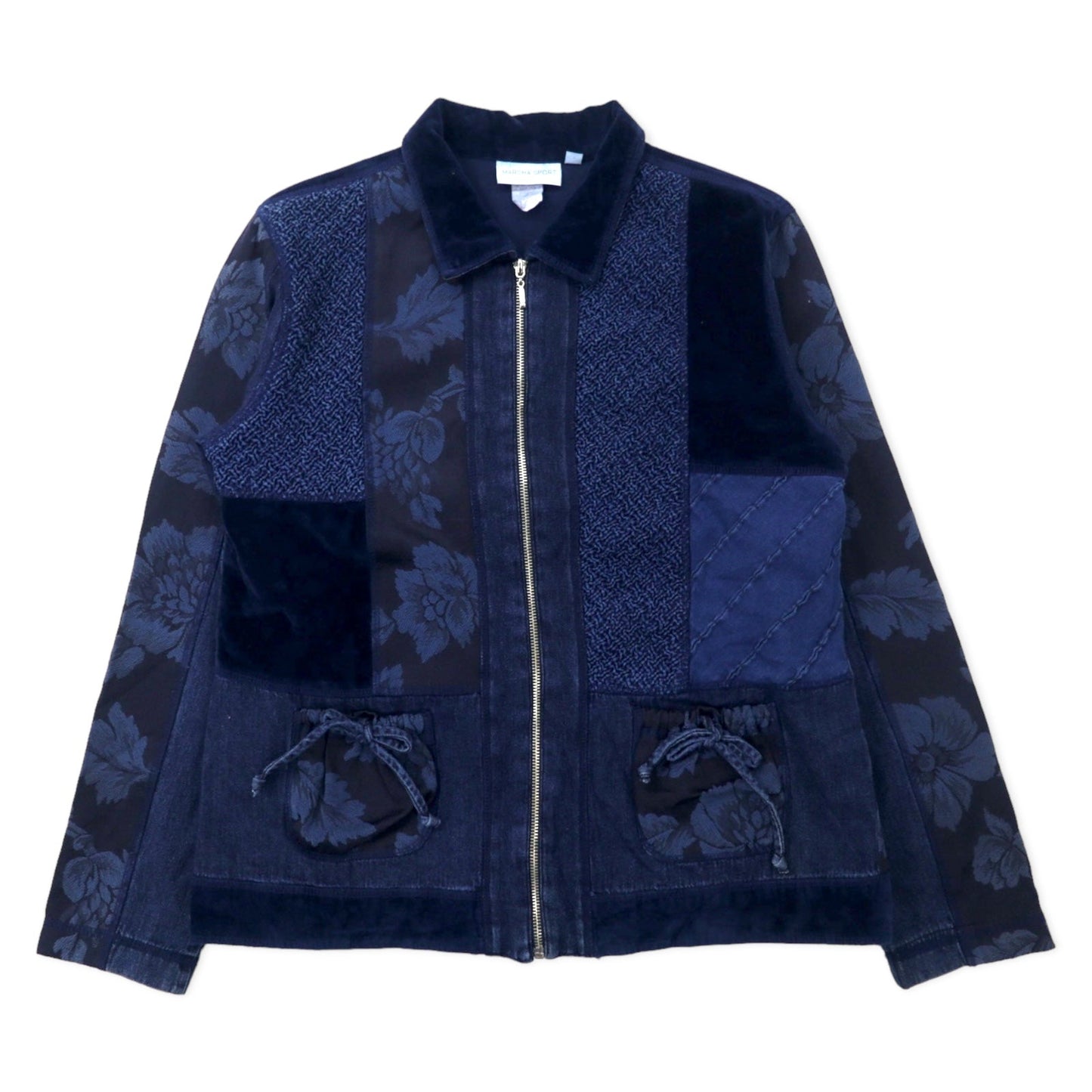 MARSHA SPORT USA製 パッチワーク 異素材切り替えデザイン ジップアップジャケット M ネイビー コットン ベロア デニム 花柄