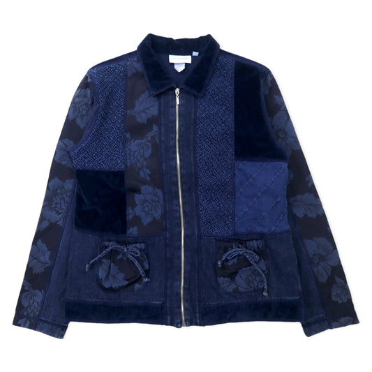 MARSHA SPORT USA製 パッチワーク 異素材切り替えデザイン ジップアップジャケット M ネイビー コットン ベロア デニム 花柄