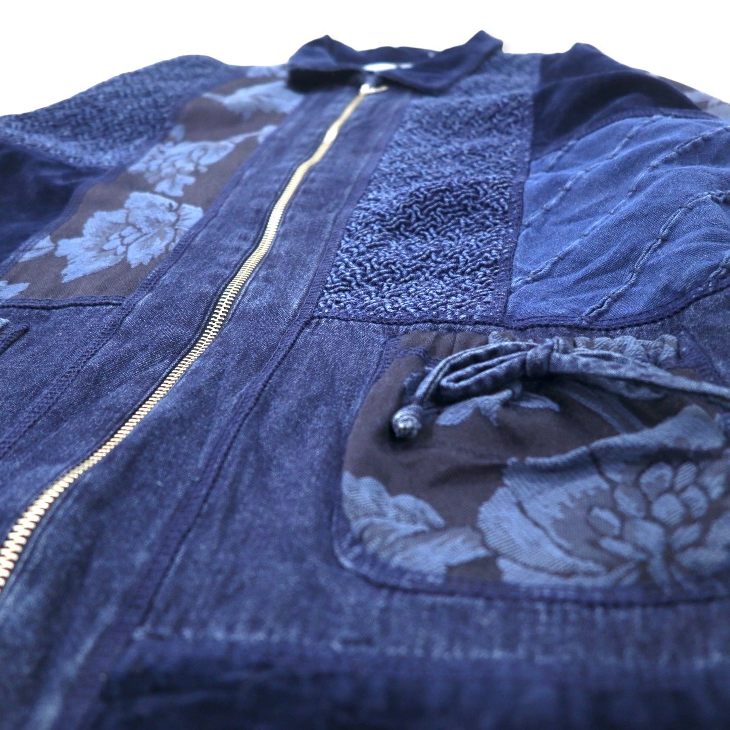 MARSHA SPORT USA製 パッチワーク 異素材切り替えデザイン ジップアップジャケット M ネイビー コットン ベロア デニム 花柄