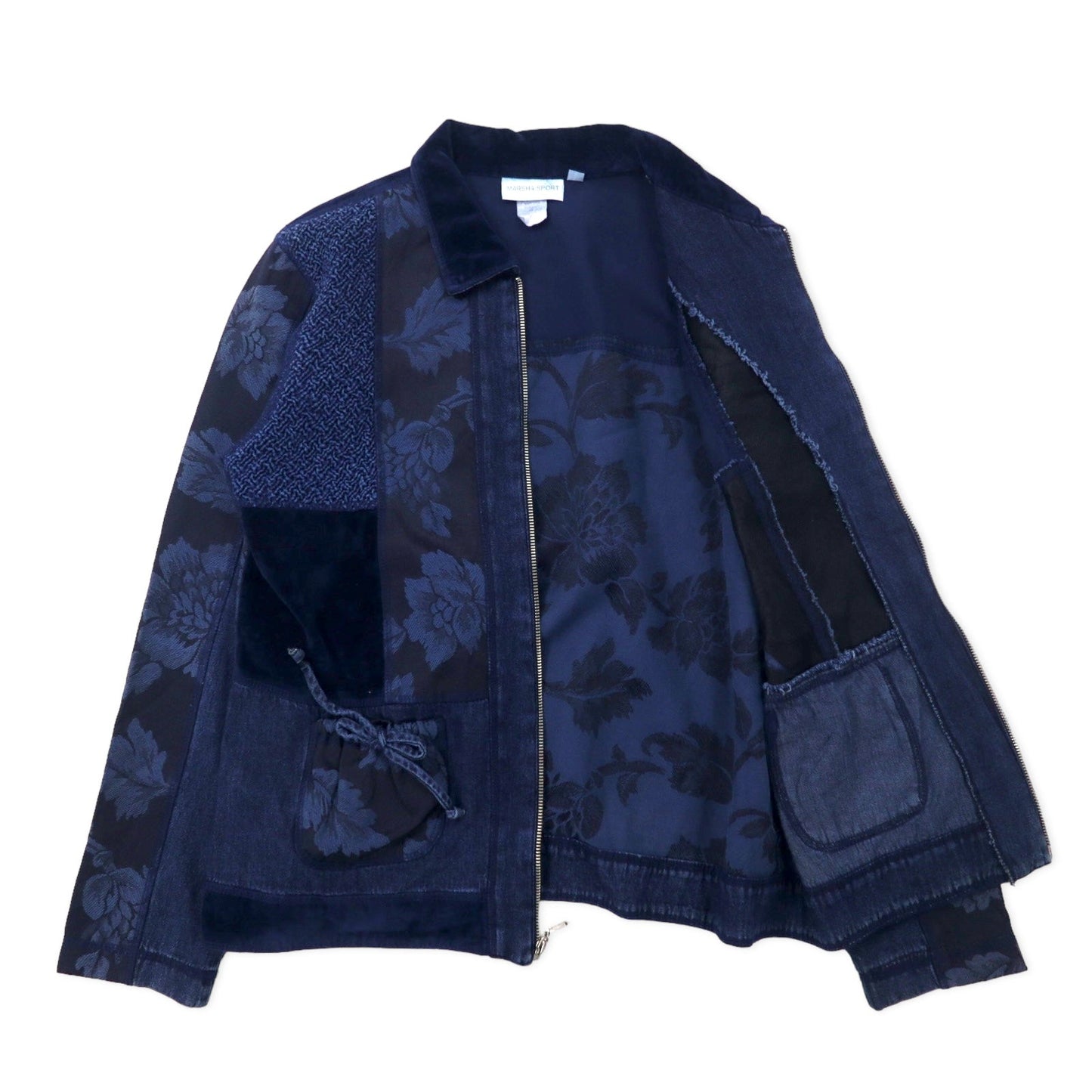 MARSHA SPORT USA製 パッチワーク 異素材切り替えデザイン ジップアップジャケット M ネイビー コットン ベロア デニム 花柄
