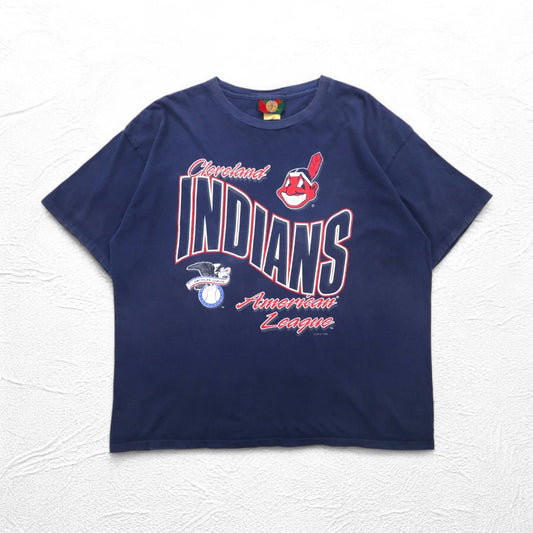 JOSTENS SPORTSWEAR 90年代 USA製 MLB INDIANS プリント Tシャツ XL ネイビー シングルステッチ