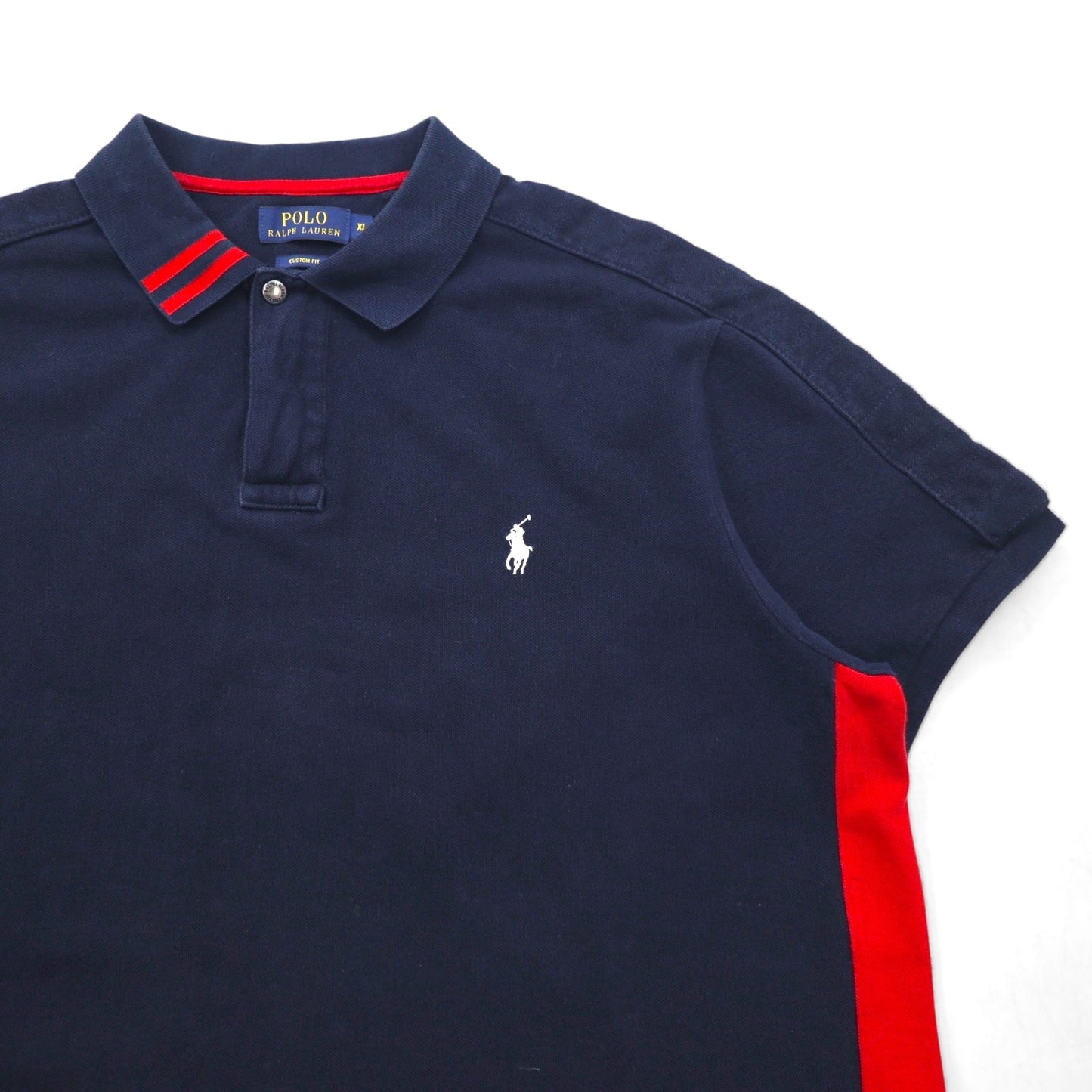 POLO RALPH LAUREN ポロシャツ XL ネイビー レッド コットン 鹿の子 ハーフジップ スナップボタン スモールポニー刺繍