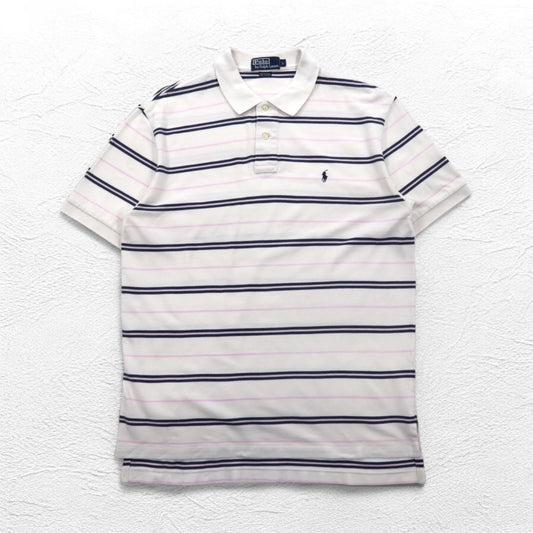 Polo by Ralph Lauren 90年代 ボーダー ポロシャツ L ホワイト 鹿の子 スモールポニー刺繍