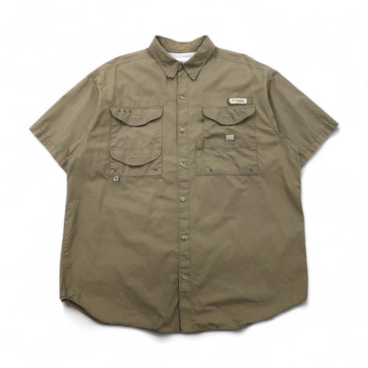 Columbia PFG バハマ 半袖 フィッシング シャツ L カーキ コットン ユーティリティ マルチポケット FM7130