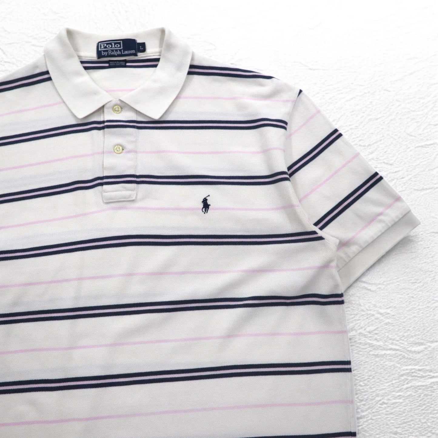 Polo by Ralph Lauren 90年代 ボーダー ポロシャツ L ホワイト 鹿の子 スモールポニー刺繍