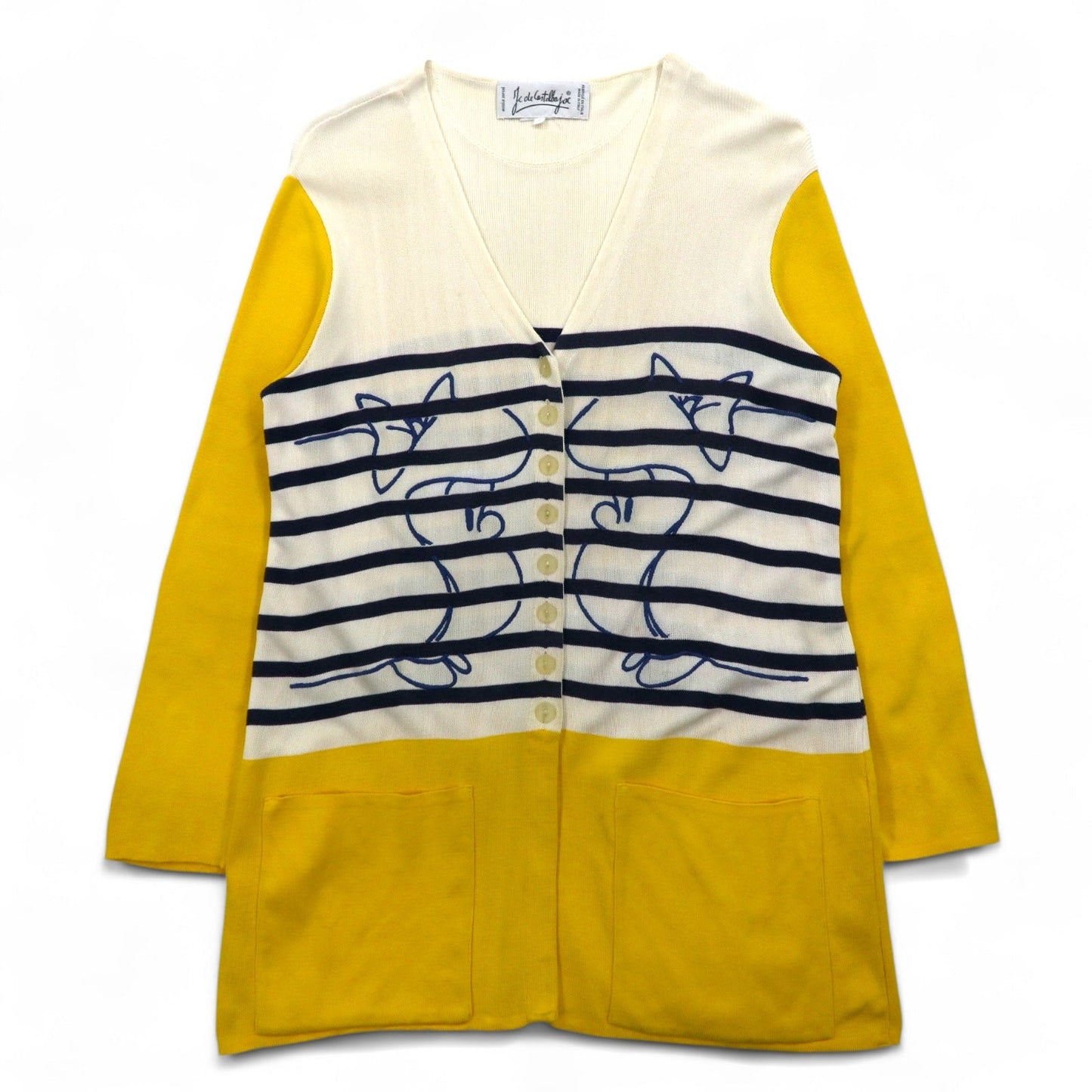 JC de Castelbajac イタリア製 90年代 ロング カーディガン L ベージュ イエロー ボーダー キャラクター刺繍