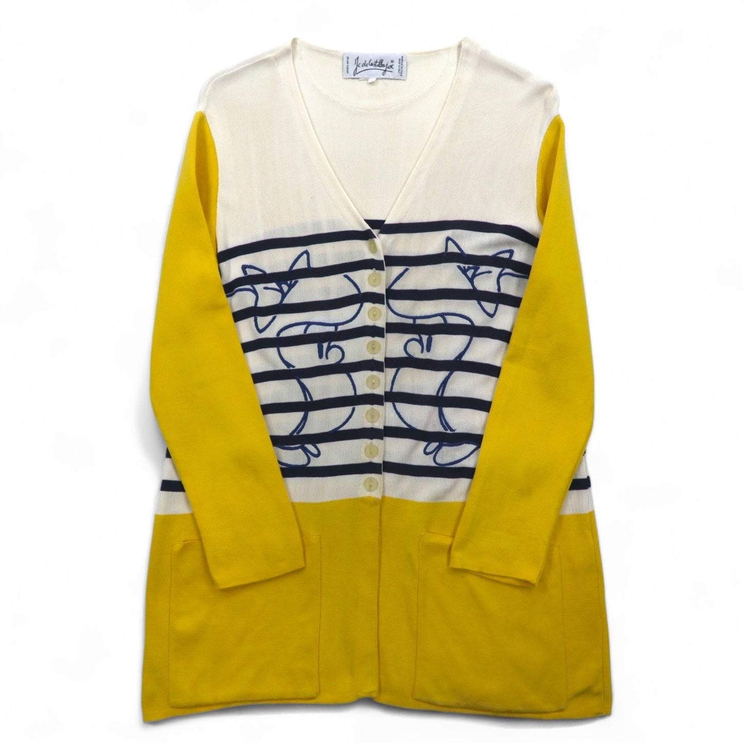 JC de Castelbajac イタリア製 90年代 ロング カーディガン L ベージュ イエロー ボーダー キャラクター刺繍