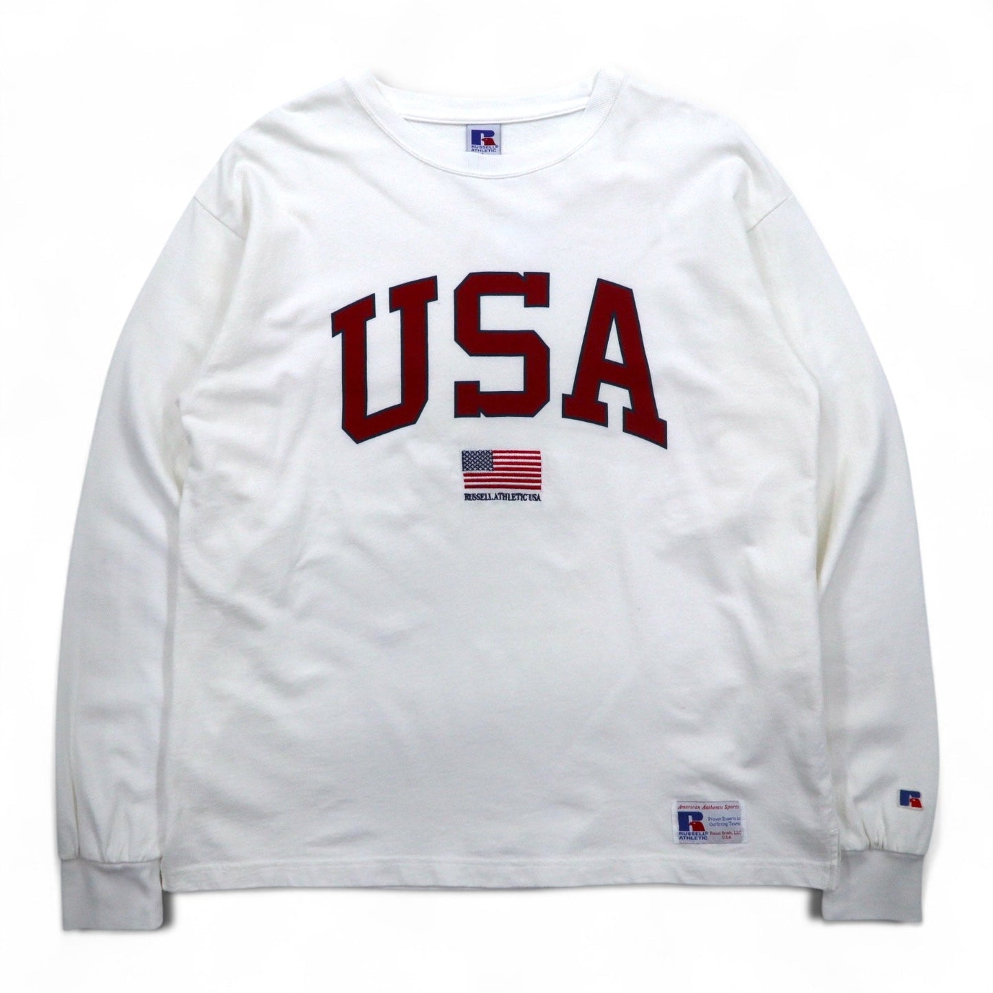 RUSSELL ATHLETIC ロングスリーブ Tシャツ ロンT L ホワイト USAプリント 星条旗 刺繍