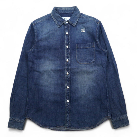HBNS ワーク デニムシャツ S インディゴ ブルー ロゴ刺繍 胸ポケット 日本製