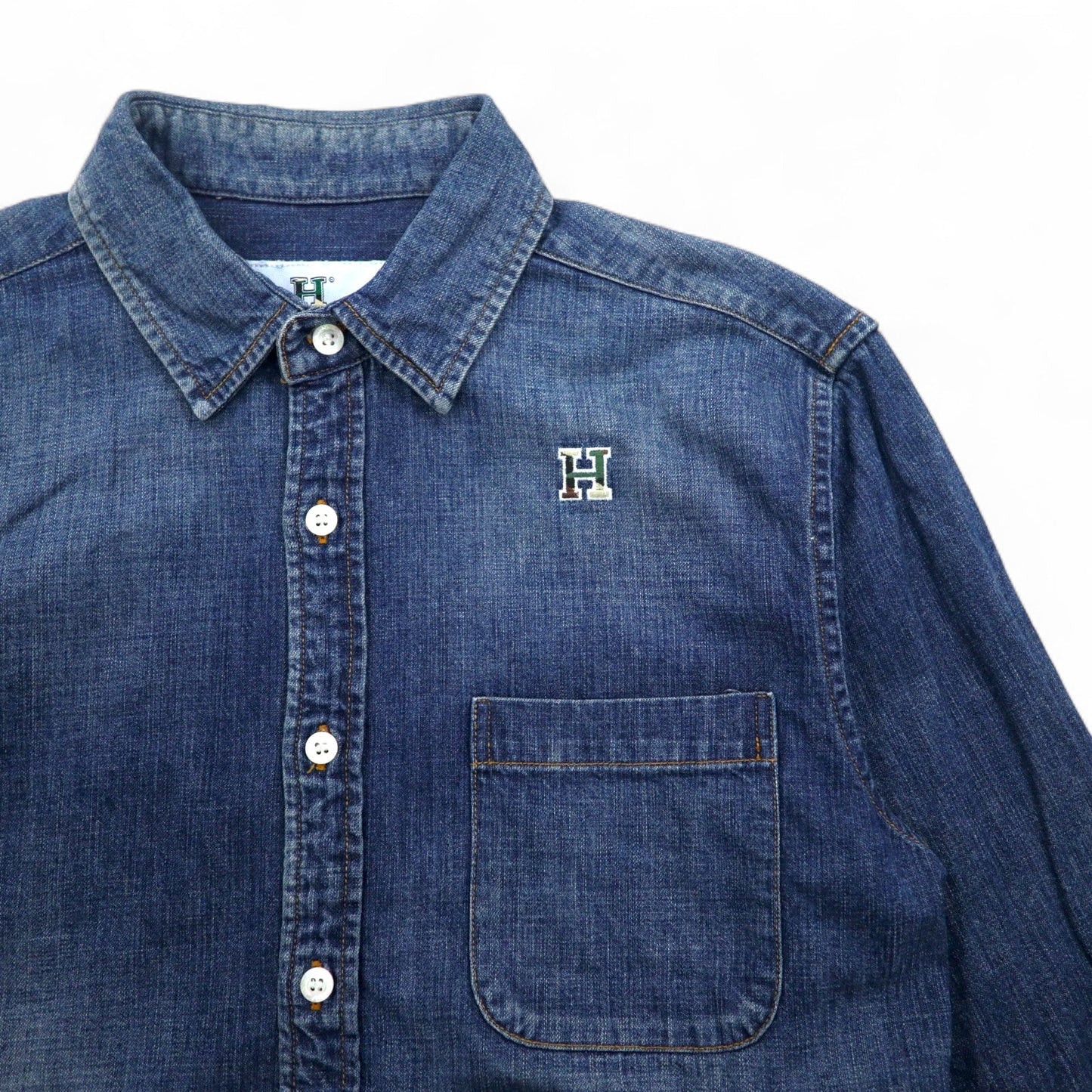 HBNS ワーク デニムシャツ S インディゴ ブルー ロゴ刺繍 胸ポケット 日本製