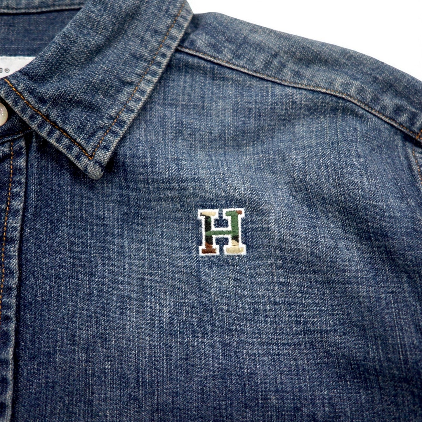 HBNS ワーク デニムシャツ S インディゴ ブルー ロゴ刺繍 胸ポケット 日本製