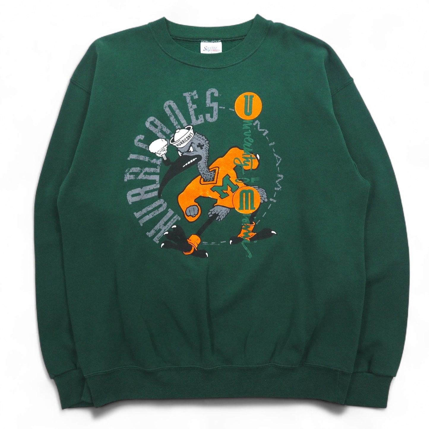 SANTEE by PLUMA USA製 90年代 NCAA カレッジ プリント スウェット L グリーン 裏起毛 Miami Hurricanes