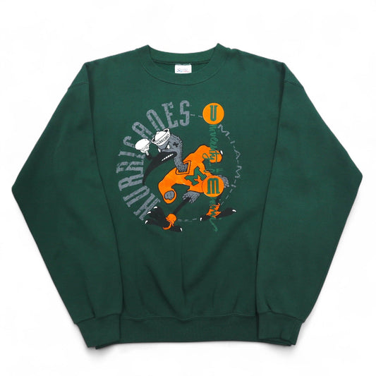 SANTEE by PLUMA USA製 90年代 NCAA カレッジ プリント スウェット L グリーン 裏起毛 Miami Hurricanes