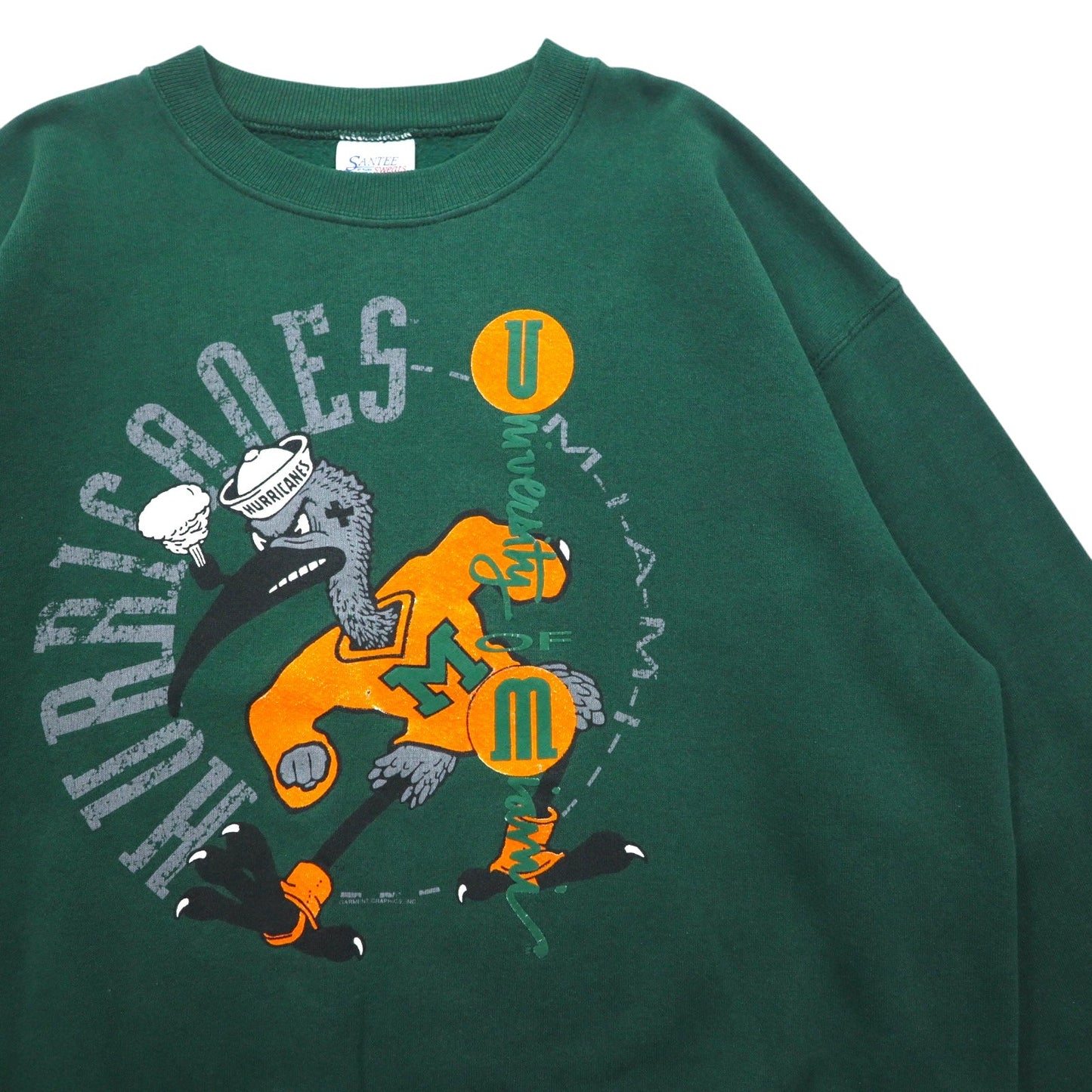 SANTEE by PLUMA USA製 90年代 NCAA カレッジ プリント スウェット L グリーン 裏起毛 Miami Hurricanes