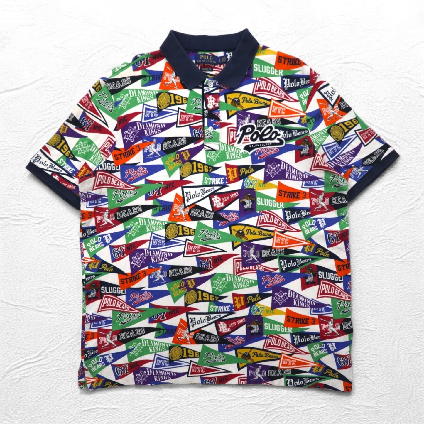 POLO RALPH LAUREN ポロベア ポロシャツ L マルチカラー 鹿の子 総柄 ペナント コットン