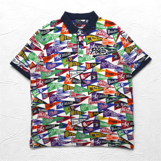 POLO RALPH LAUREN ポロベア ポロシャツ L マルチカラー 鹿の子 総柄 ペナント コットン