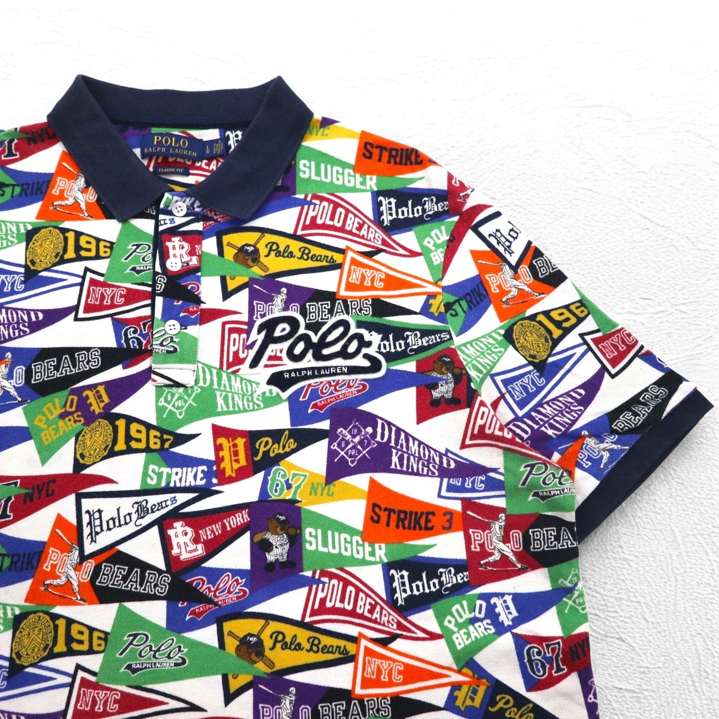 POLO RALPH LAUREN ポロベア ポロシャツ L マルチカラー 鹿の子 総柄 ペナント コットン