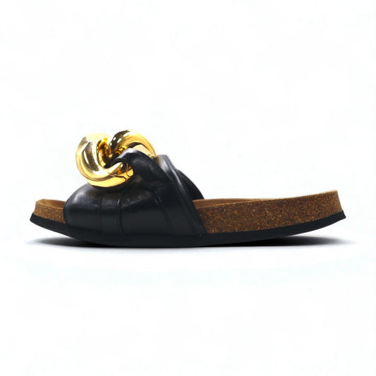 JW ANDERSON ゴールド チェーン スライド サンダル 26〜26.5cm ブラック メタル レザー