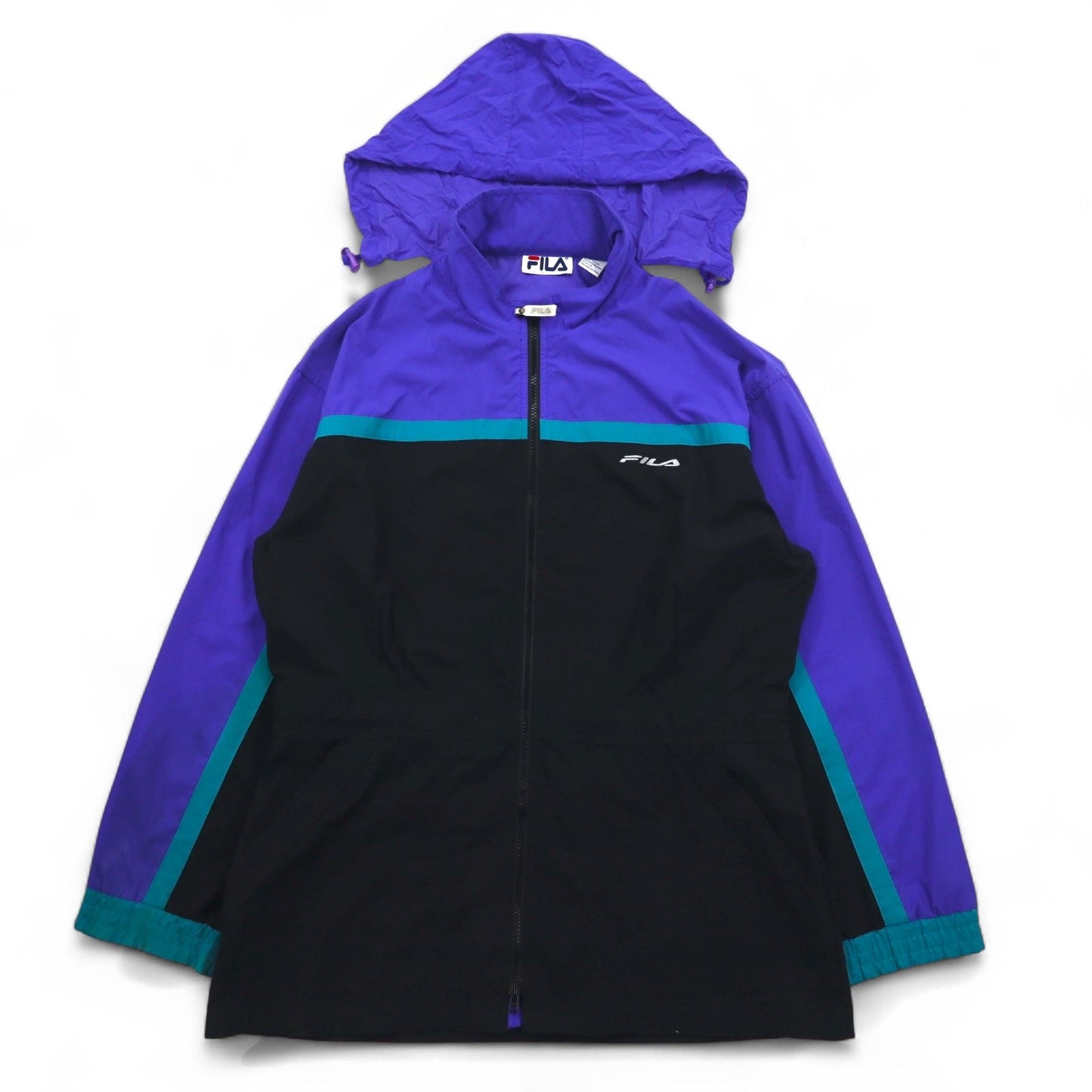 FILA 90年代 ナイロンジャケット L ブラック パープル ドローコード フード収納式 ダブルジップ