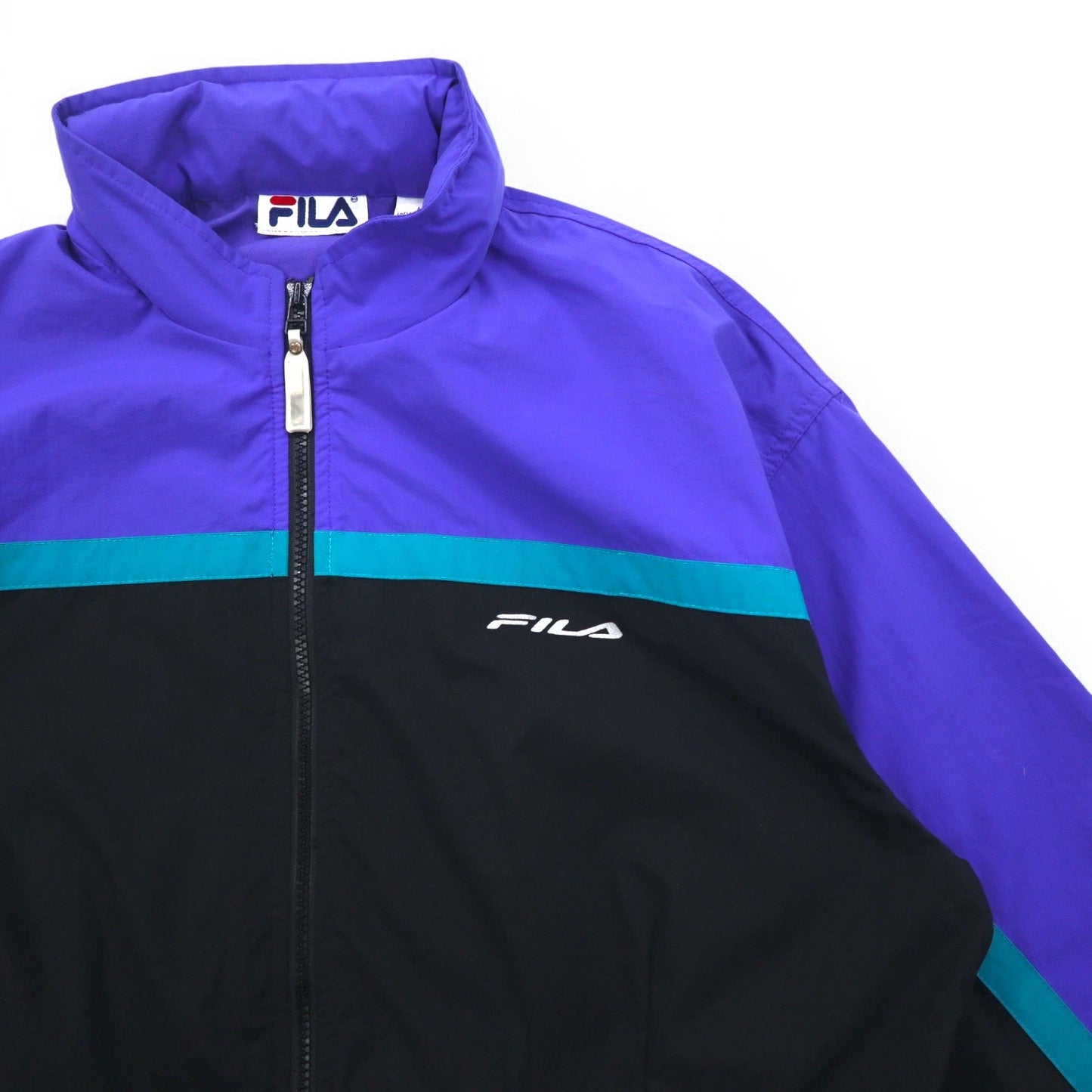 FILA 90年代 ナイロンジャケット L ブラック パープル ドローコード フード収納式 ダブルジップ