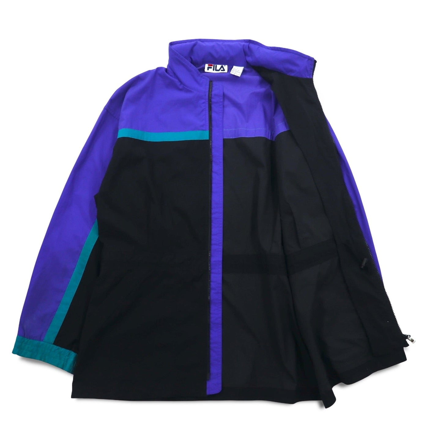 FILA 90年代 ナイロンジャケット L ブラック パープル ドローコード フード収納式 ダブルジップ
