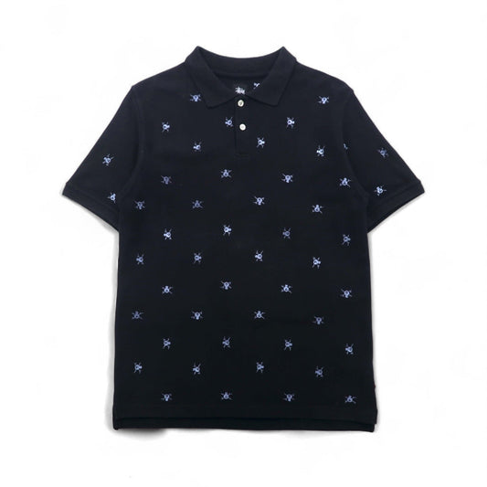 stussy スカル刺繍 ポロシャツ M ブラック コットン 鹿の子 総柄