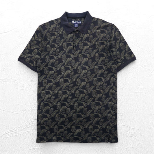 Vintage 90s Polo Shirt BIG DOGS 90年代 ポロシャツ XL ブラック 総柄 パイナップル ボタニカル ビッグサイズ