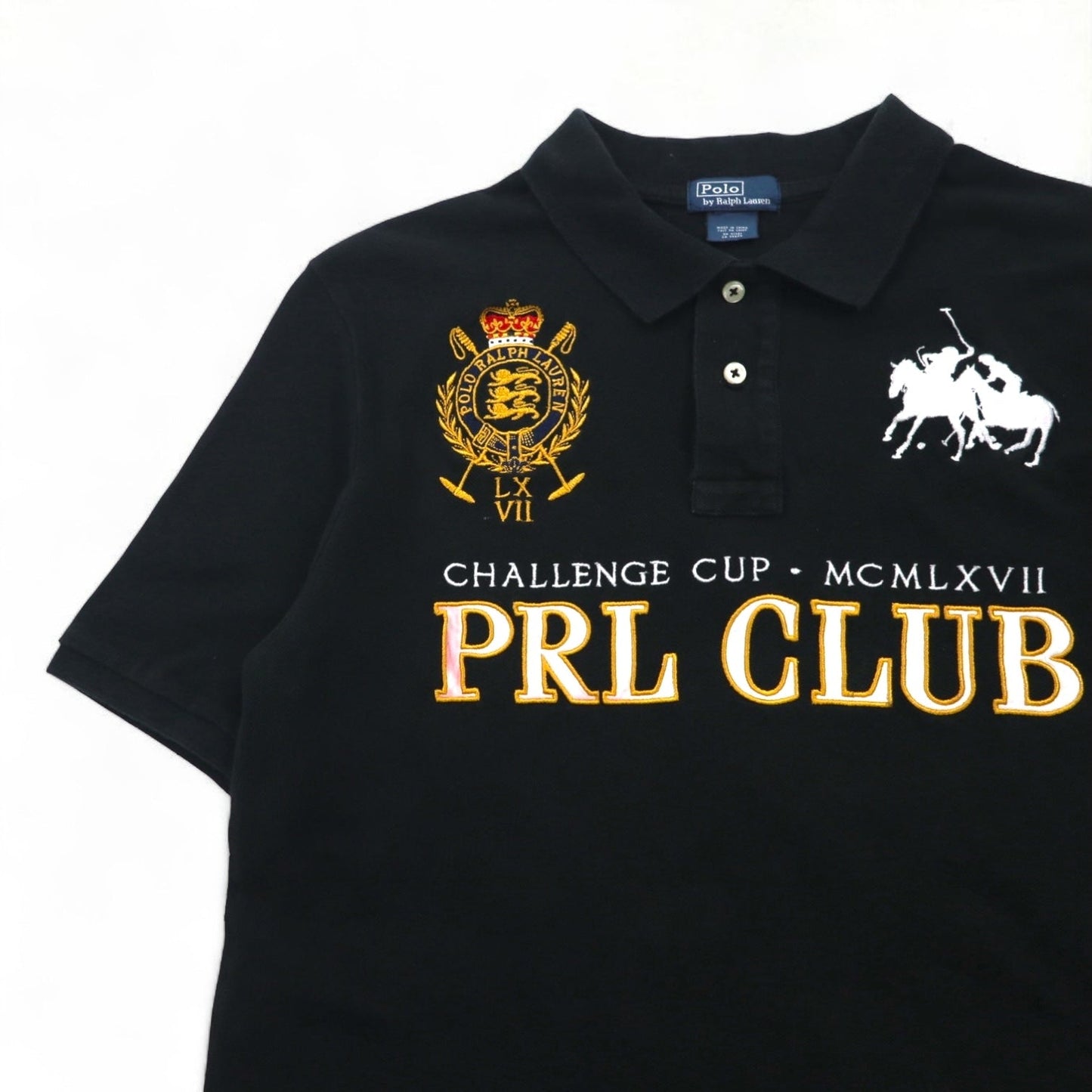 Polo by Ralph Lauren 90年代 PRL CLUB 刺繍 ポロシャツ M ブラック 鹿の子 ダブルポニー エンブレム