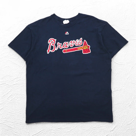 Majestic 90年代 ベースボール プリント Tシャツ 2XL ネイビー MLB Braves ナンバリング メキシコ製