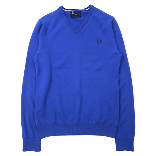 FRED PERRY Vネック メリノウール ニット セーター S ブルー ワンポイントロゴ刺繍 K8225